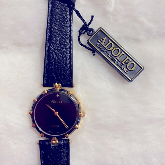 NWT ADOLFO Genuine Leather Quartz Analog Women's Watch In Black/Hold Hardware - Picture 4 of 10